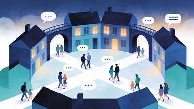 A welcoming rounded geometric town square at dusk with arched bridges, glowing windows, and people of different ages crossing paths mid-conversation in soft teal and mist tones.